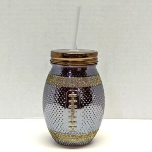 Glittery Football Glass Mason Jar Tailgate Tumbler Cup with Lid & Straw